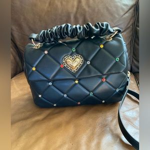 NWT Betsey Johnson Handbag with jewel accents and gold chain detail on strap.